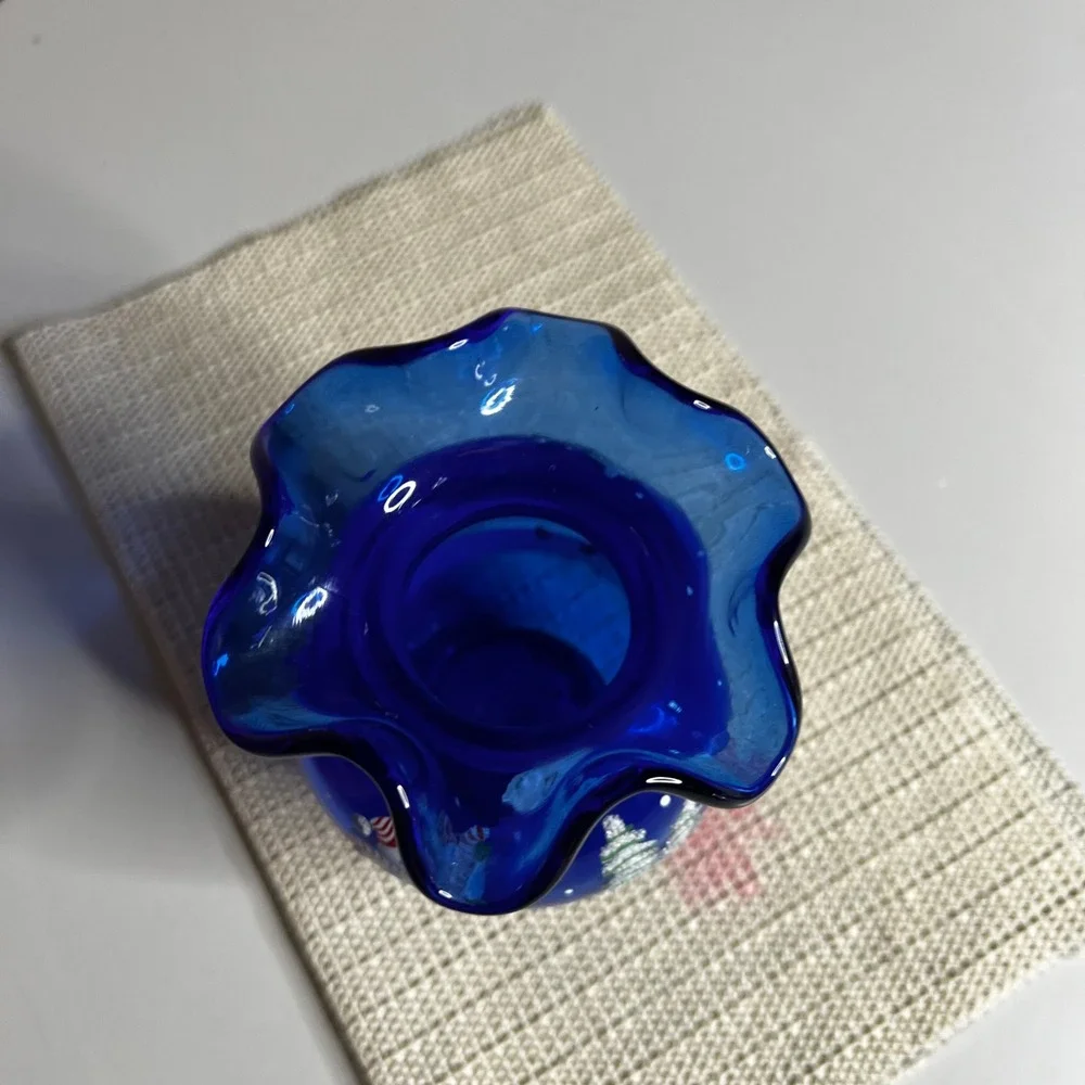 Fenton Cobalt Blue Glass Ruffled Vase Hand Painted Artist Signed C‎ A Hall